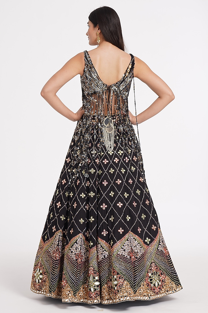 Matte Black Georgette Sequin & Mirror Embroidered Bridal Lehenga Set by Abhinav Mishra at Pernia's Pop Up Shop