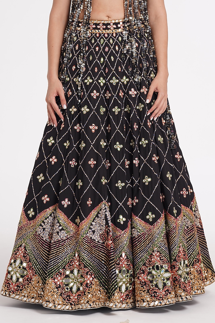 Matte Black Georgette Sequin & Mirror Embroidered Bridal Lehenga Set by Abhinav Mishra at Pernia's Pop Up Shop
