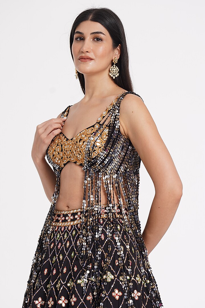 Matte Black Georgette Sequin & Mirror Embroidered Bridal Lehenga Set by Abhinav Mishra at Pernia's Pop Up Shop