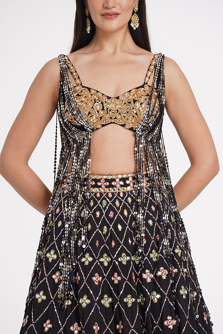 Matte Black Georgette Sequin & Mirror Embroidered Bridal Lehenga Set by Abhinav Mishra at Pernia's Pop Up Shop