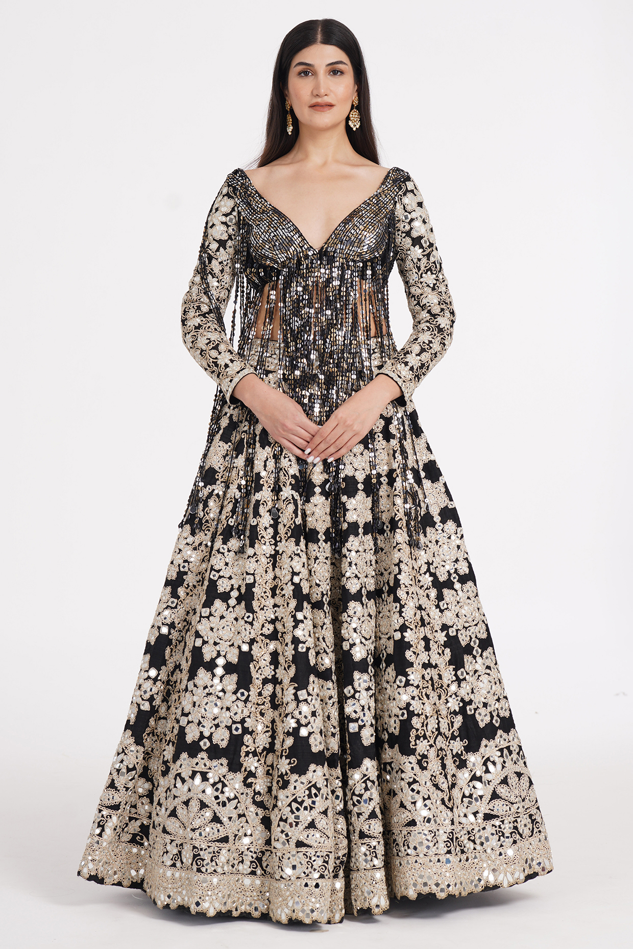 Jet Black Pure Silk Sequin & Mirror Embroidered Bridal Lehenga Set by Abhinav Mishra at Pernia's Pop Up Shop