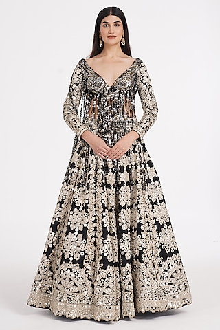 Jet Black Pure Silk Sequin & Mirror Embroidered Lehenga Set by Abhinav Mishra