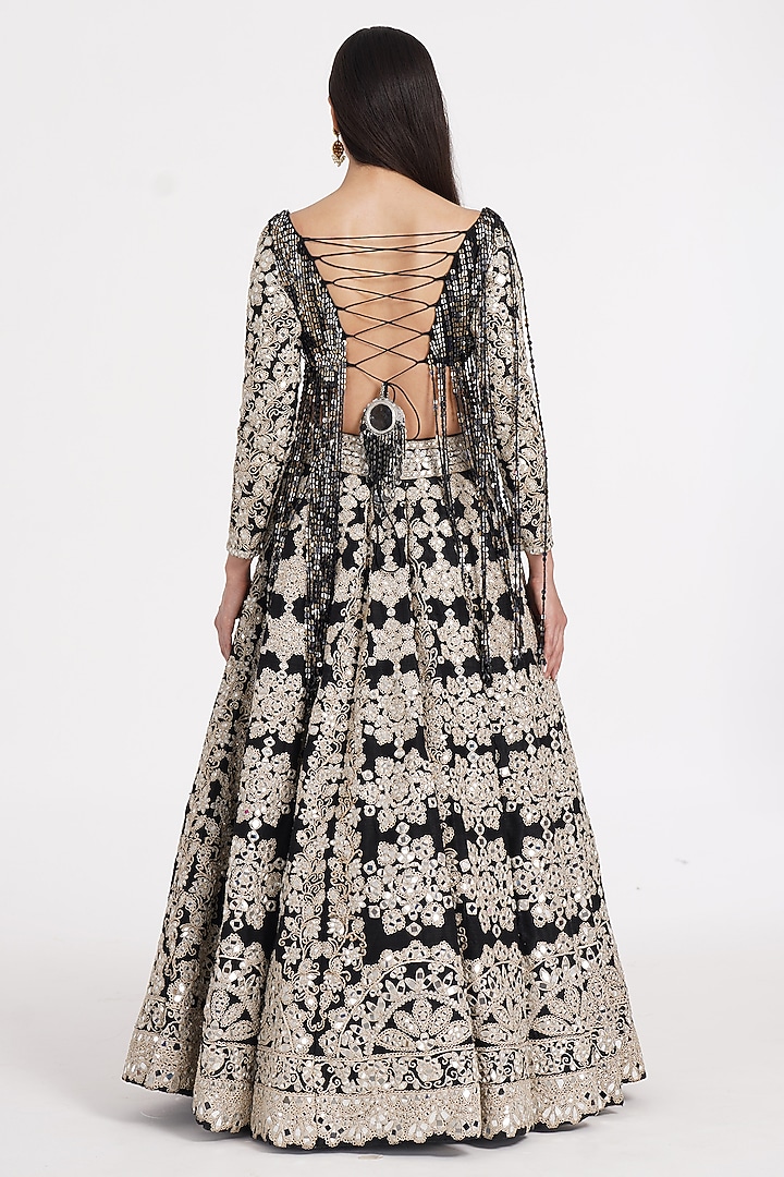 Jet Black Pure Silk Sequin & Mirror Embroidered Bridal Lehenga Set by Abhinav Mishra at Pernia's Pop Up Shop