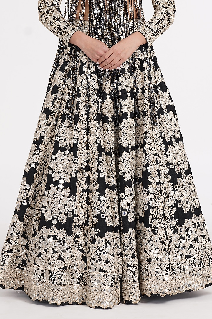 Jet Black Pure Silk Sequin & Mirror Embroidered Bridal Lehenga Set by Abhinav Mishra at Pernia's Pop Up Shop
