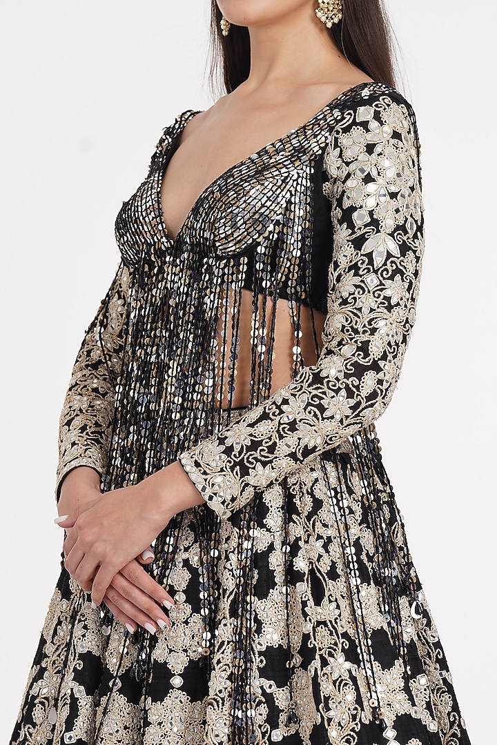 Jet Black Pure Silk Sequin & Mirror Embroidered Bridal Lehenga Set by Abhinav Mishra at Pernia's Pop Up Shop