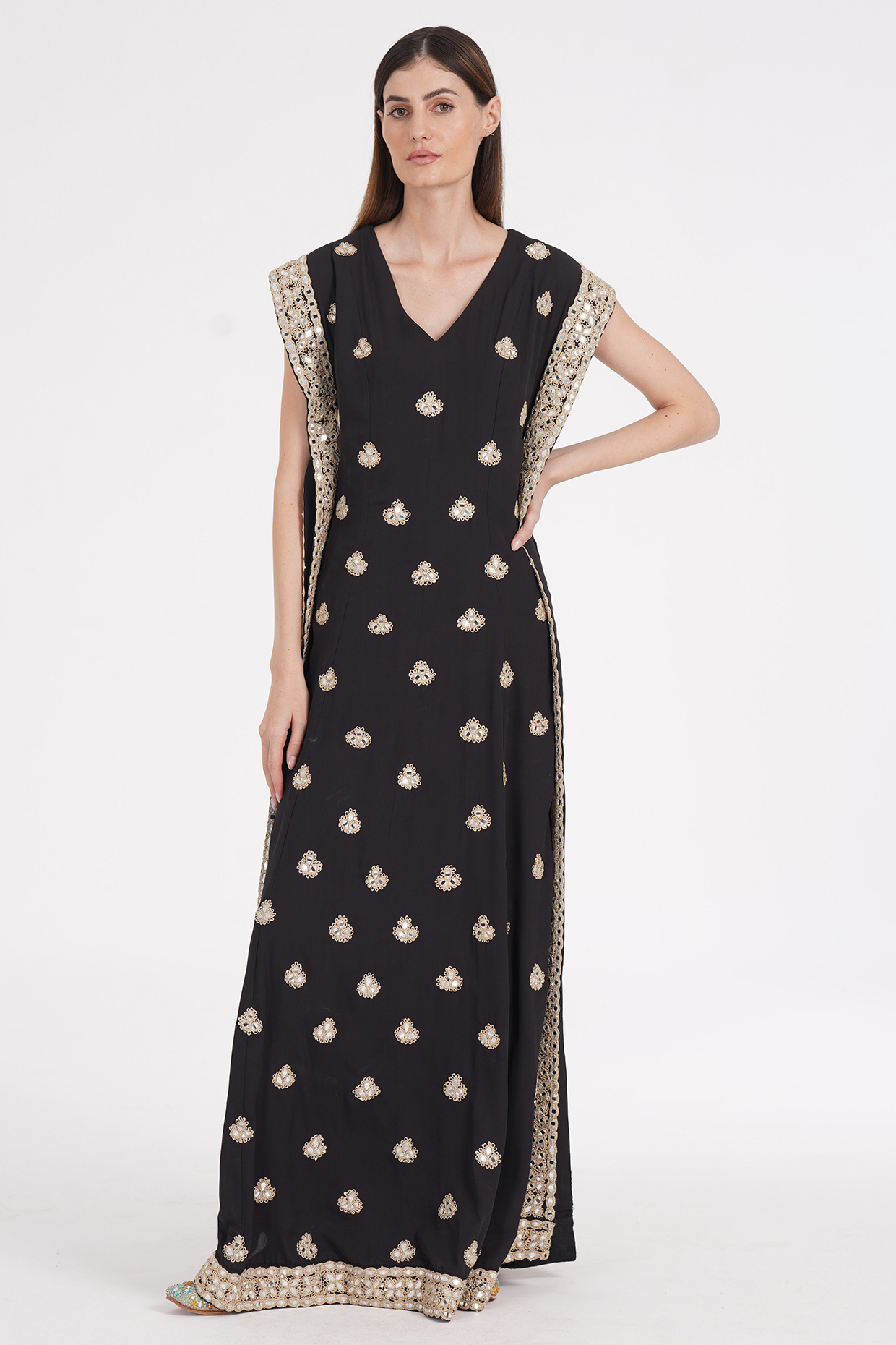 Cold Black Georgette Sequin & Mirror Embroidered Kaftan by Abhinav Mishra at Pernia's Pop Up Shop