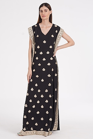 Cold Black Georgette Sequin & Mirror Embroidered Kaftan by Abhinav Mishra
