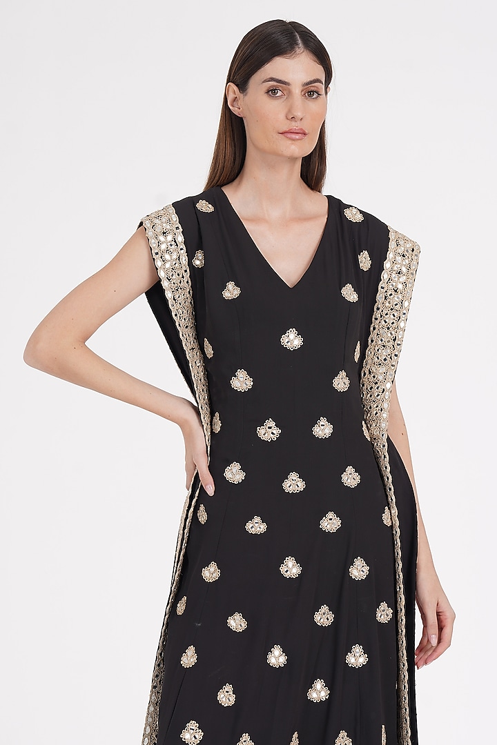 Cold Black Georgette Sequin & Mirror Embroidered Kaftan by Abhinav Mishra at Pernia's Pop Up Shop