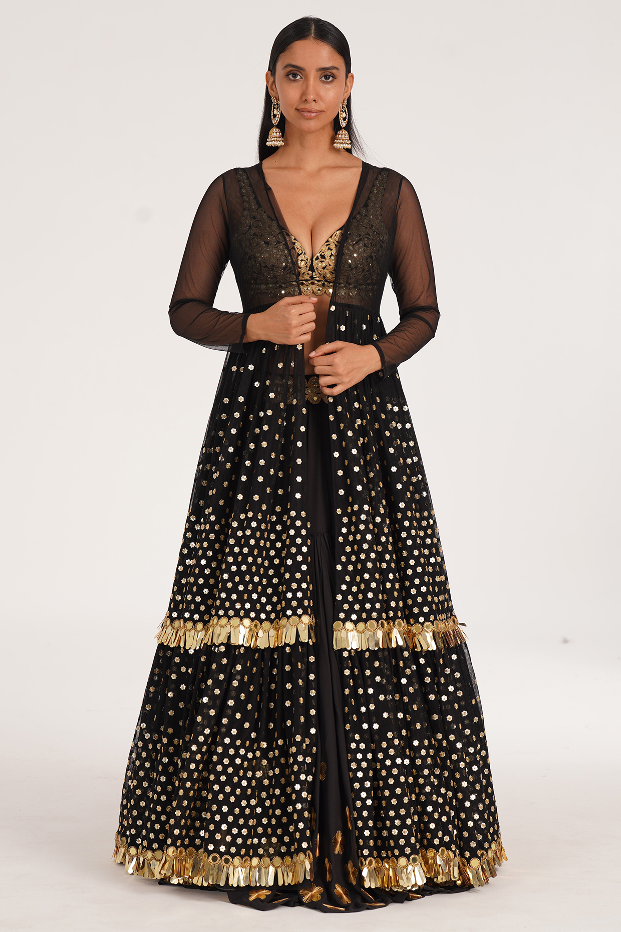 Black Georgette Floral & Applique Embroidered Jacket Bridal Lehenga Set by Abhinav Mishra at Pernia's Pop Up Shop