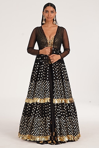 Black Georgette Floral & Applique Embroidered Jacket Lehenga Set by Abhinav Mishra