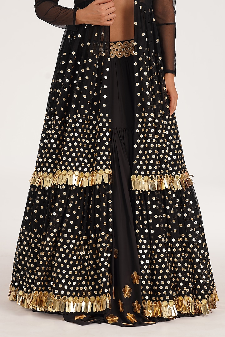 Black Georgette Floral & Applique Embroidered Jacket Bridal Lehenga Set by Abhinav Mishra at Pernia's Pop Up Shop