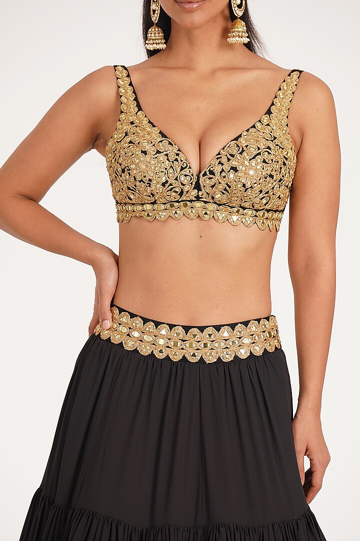 Black Georgette Floral & Applique Embroidered Jacket Bridal Lehenga Set by Abhinav Mishra at Pernia's Pop Up Shop
