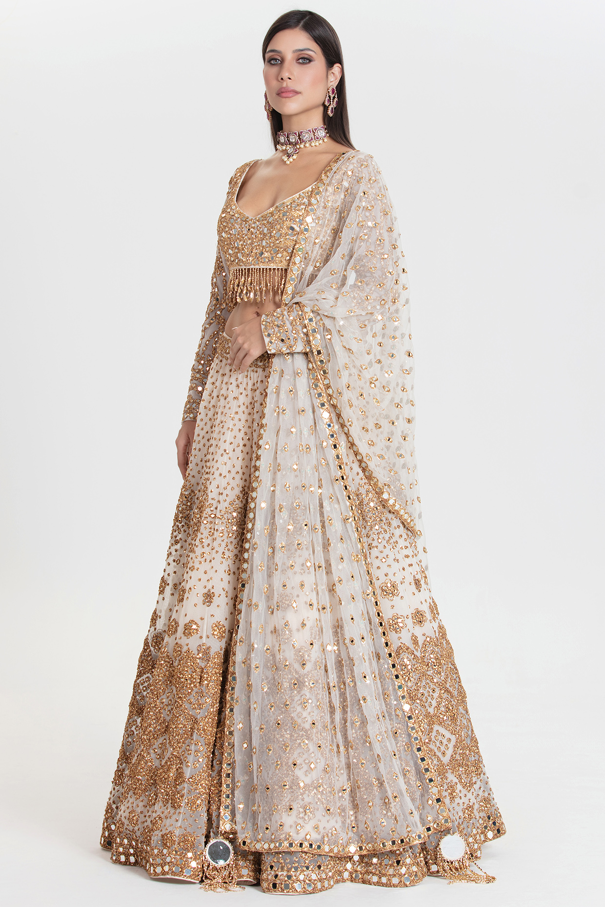 Ivory & Gold Net Sequins Embroidered Bridal Lehenga Set by Abhinav Mishra at Pernia's Pop Up Shop