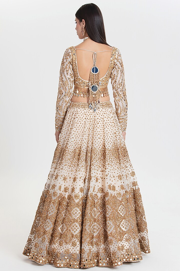 Ivory & Gold Net Sequins Embroidered Bridal Lehenga Set by Abhinav Mishra at Pernia's Pop Up Shop