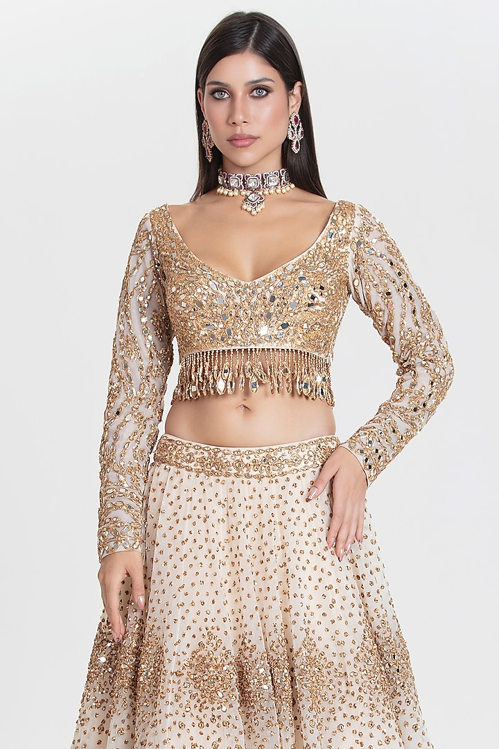Ivory & Gold Net Sequins Embroidered Bridal Lehenga Set by Abhinav Mishra at Pernia's Pop Up Shop