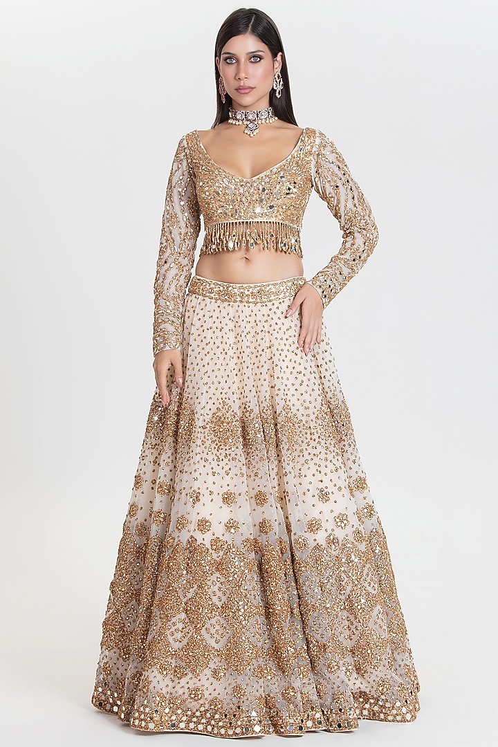 Ivory & Gold Net Sequins Embroidered Bridal Lehenga Set by Abhinav Mishra at Pernia's Pop Up Shop