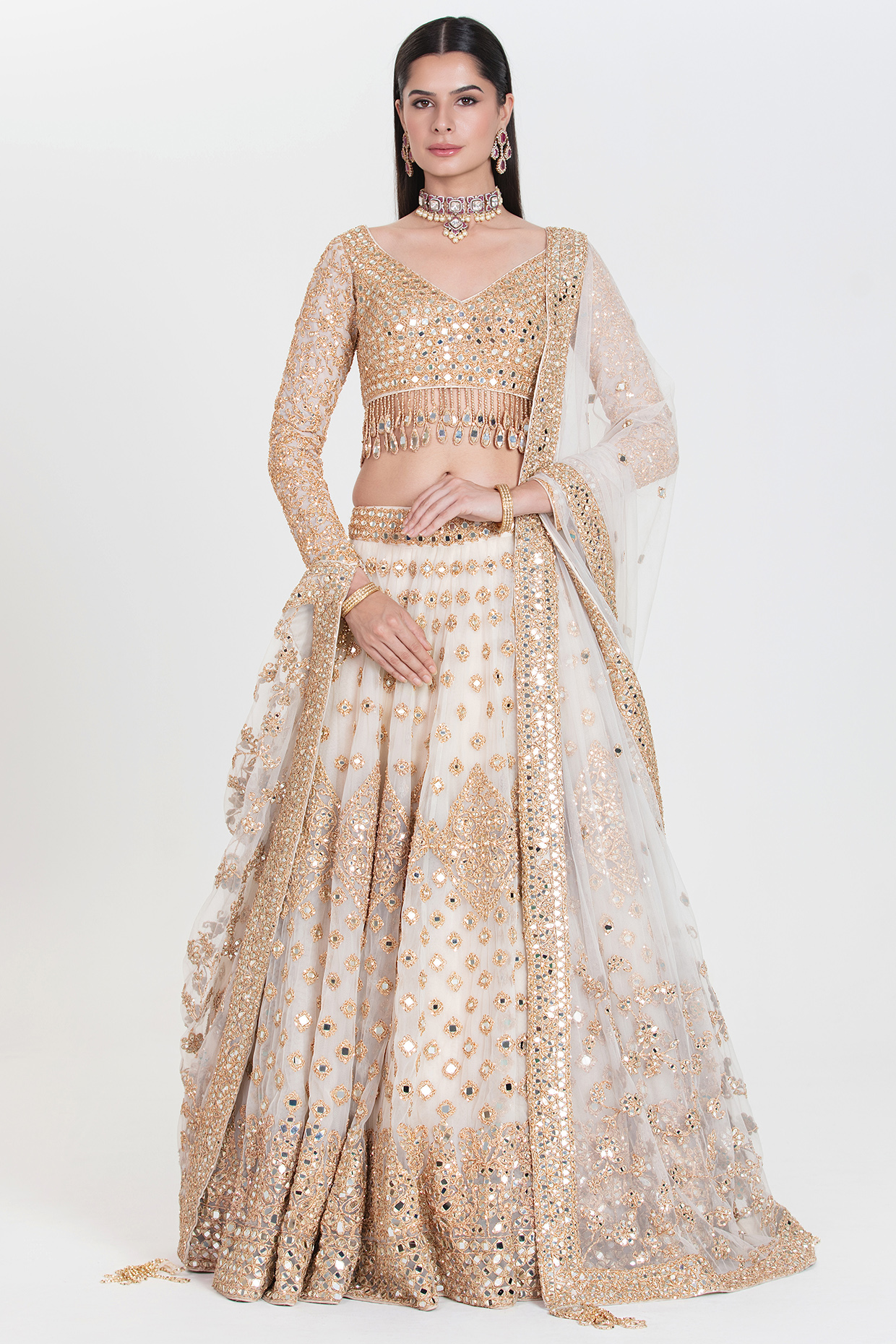 Ivory Net Sequins Embroidered Bridal Lehenga Set by Abhinav Mishra at Pernia's Pop Up Shop