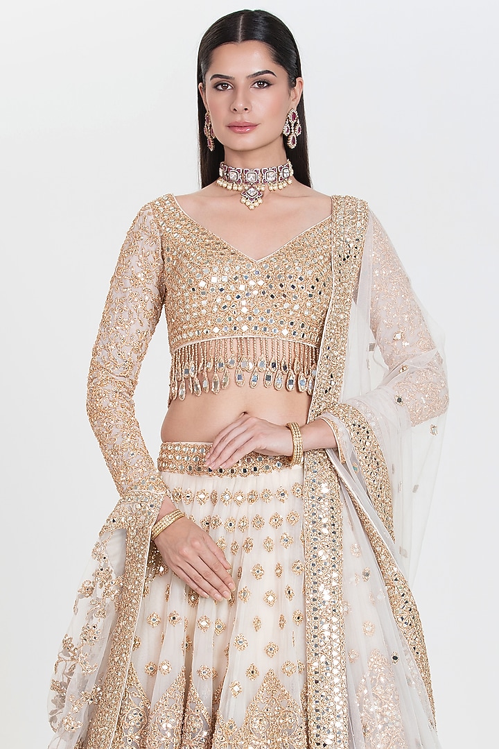 Ivory Net Sequins Embroidered Bridal Lehenga Set by Abhinav Mishra at Pernia's Pop Up Shop