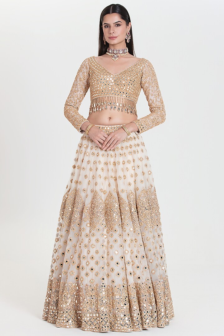 Ivory Net Sequins Embroidered Bridal Lehenga Set by Abhinav Mishra at Pernia's Pop Up Shop