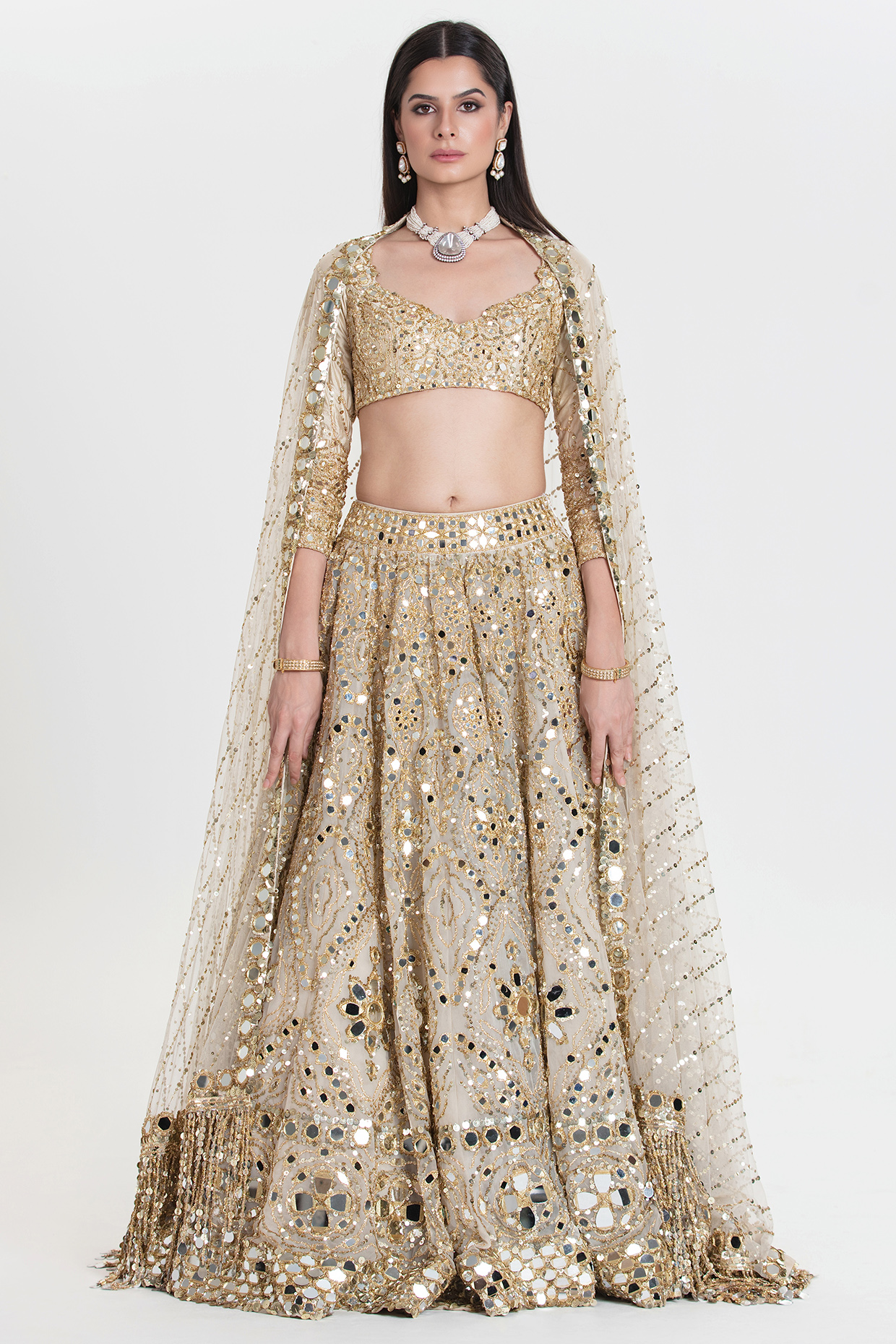Muted Silver Net Mirror Embroidered Bridal Lehenga Set by Abhinav Mishra at Pernia's Pop Up Shop