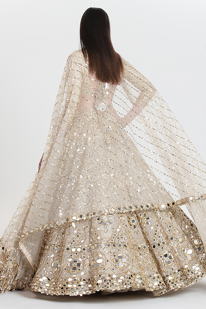 Muted Silver Net Mirror Embroidered Bridal Lehenga Set by Abhinav Mishra at Pernia's Pop Up Shop