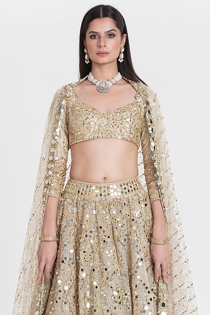 Muted Silver Net Mirror Embroidered Bridal Lehenga Set by Abhinav Mishra at Pernia's Pop Up Shop