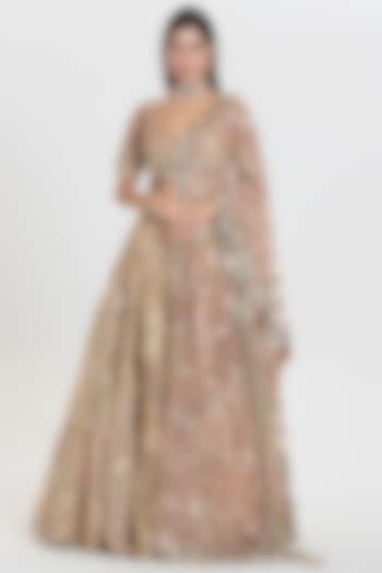 Champagne Gold Net Zari Embroidered Bridal Lehenga Set by Abhinav Mishra at Pernia's Pop Up Shop