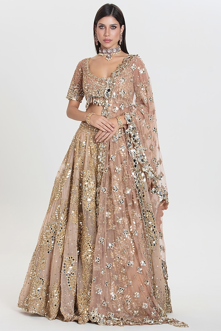 Champagne Gold Net Zari Embroidered Bridal Lehenga Set by Abhinav Mishra at Pernia's Pop Up Shop