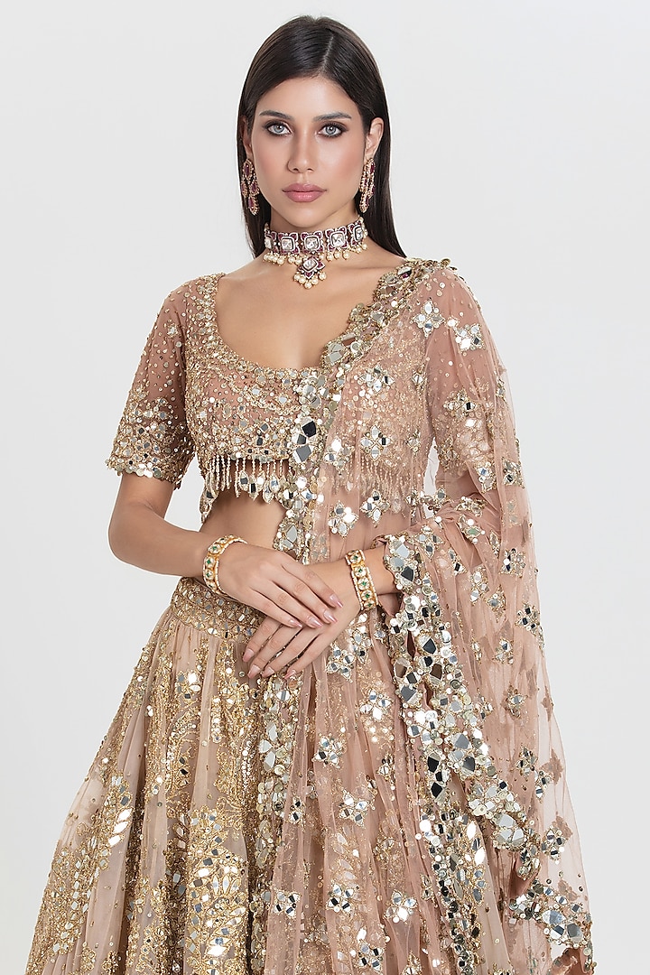 Champagne Gold Net Zari Embroidered Bridal Lehenga Set by Abhinav Mishra at Pernia's Pop Up Shop