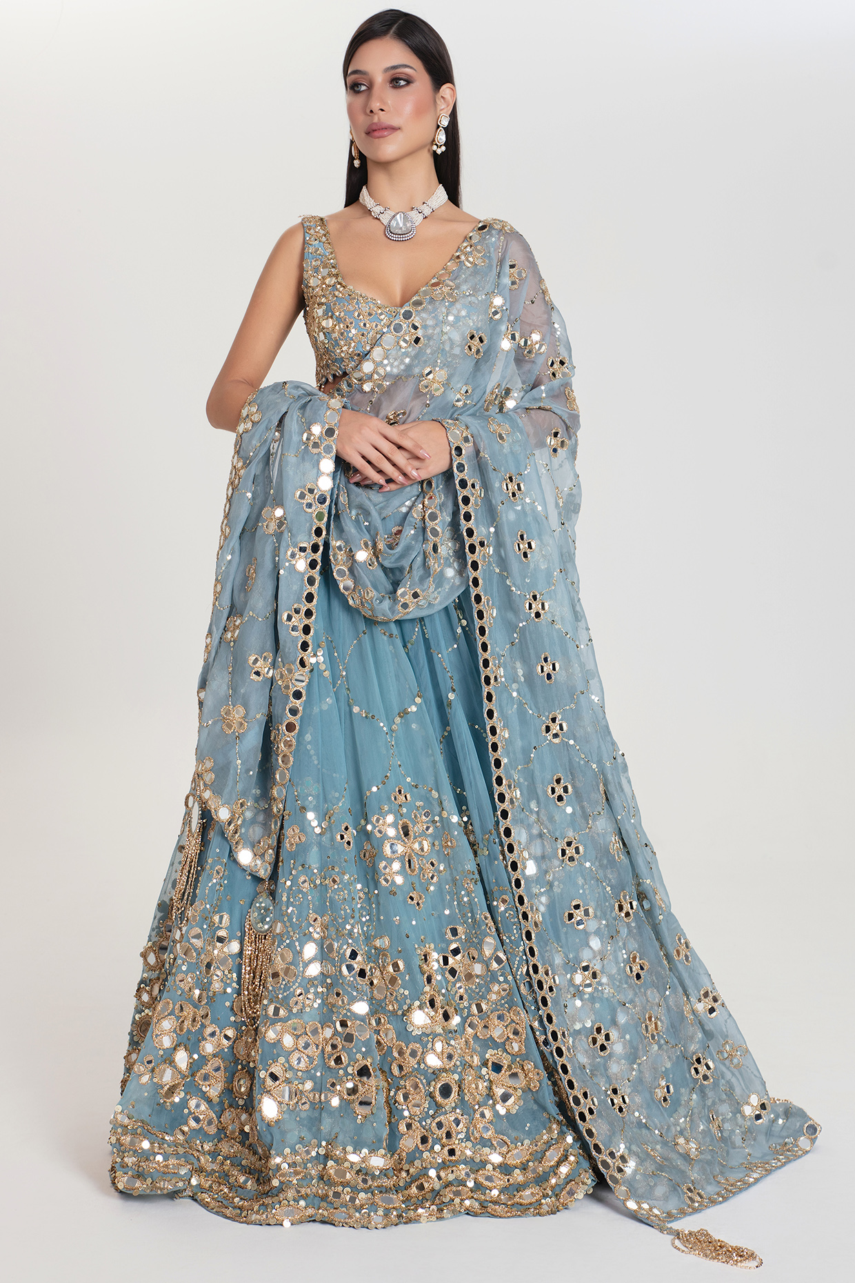 Sky Blue Net Sequins Embroidered Bridal Lehenga Set by Abhinav Mishra at Pernia's Pop Up Shop