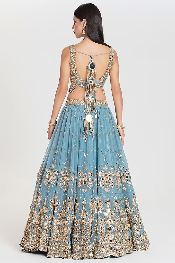 Sky Blue Net Sequins Embroidered Bridal Lehenga Set by Abhinav Mishra at Pernia's Pop Up Shop