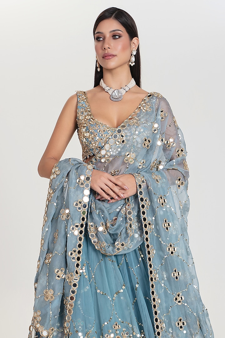 Sky Blue Net Sequins Embroidered Bridal Lehenga Set by Abhinav Mishra at Pernia's Pop Up Shop