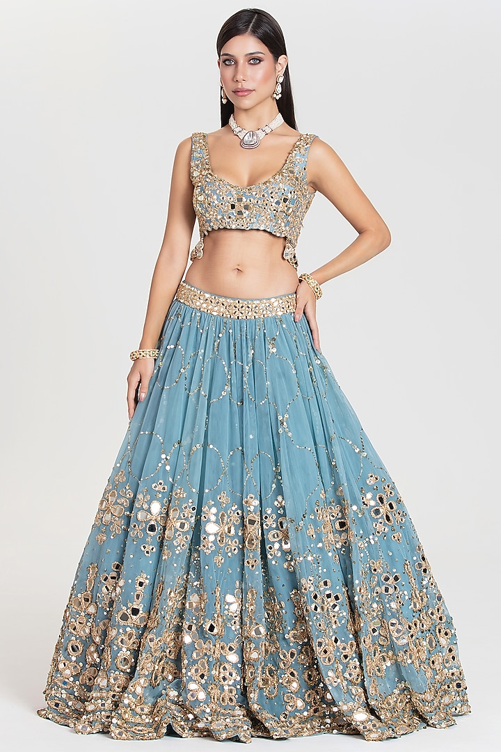 Sky Blue Net Sequins Embroidered Bridal Lehenga Set by Abhinav Mishra at Pernia's Pop Up Shop