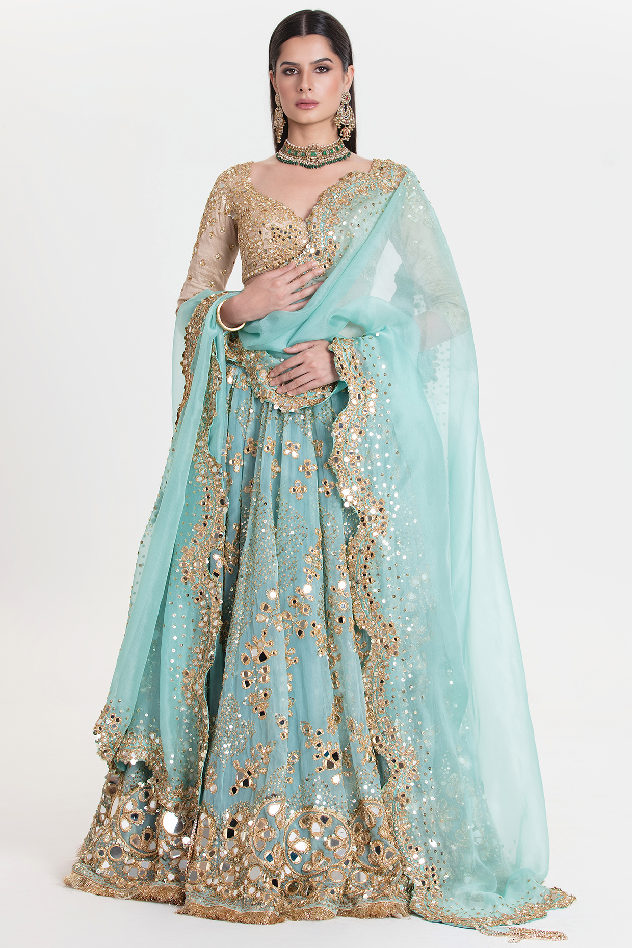 Aqua Blue Net Sequins Embroidered Bridal Lehenga Set by Abhinav Mishra at Pernia's Pop Up Shop