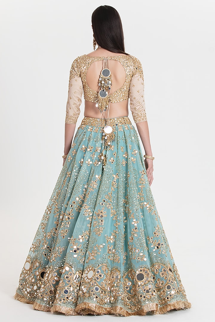 Aqua Blue Net Sequins Embroidered Bridal Lehenga Set by Abhinav Mishra at Pernia's Pop Up Shop