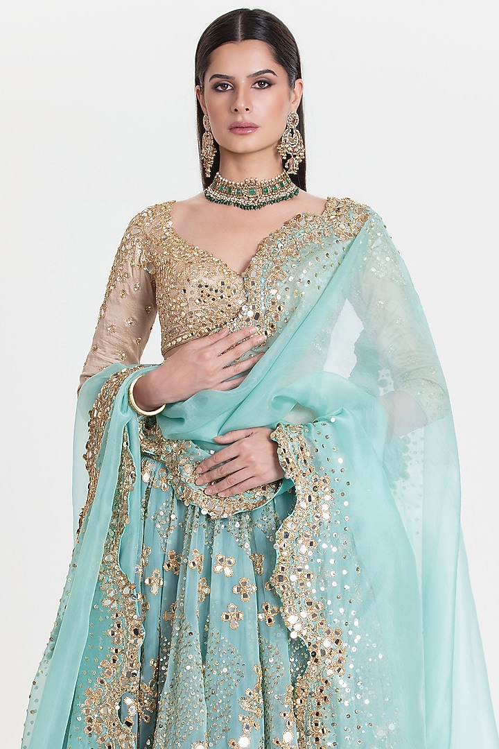 Aqua Blue Net Sequins Embroidered Bridal Lehenga Set by Abhinav Mishra at Pernia's Pop Up Shop