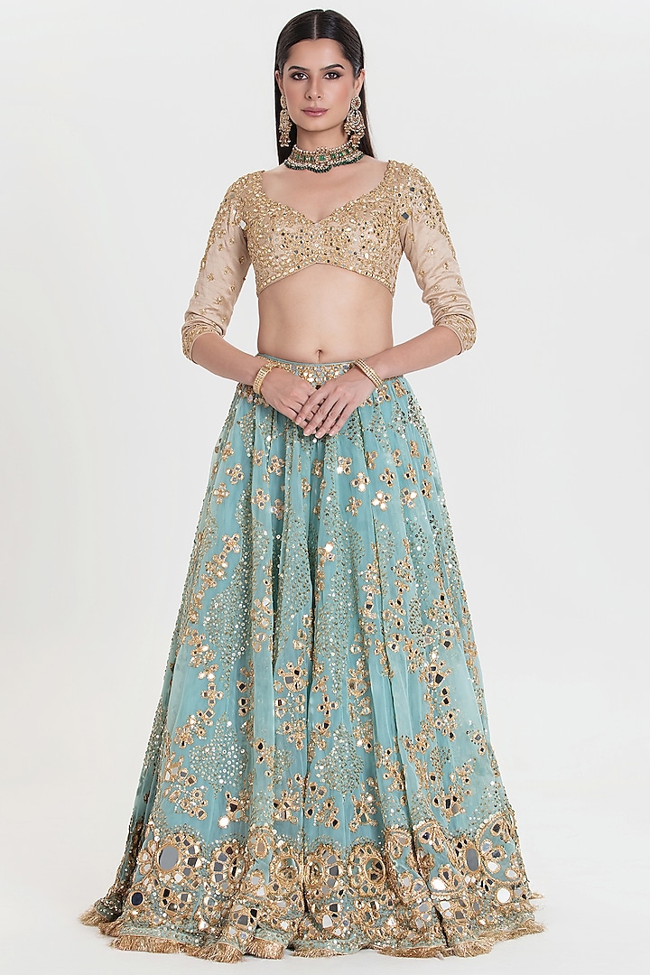 Aqua Blue Net Sequins Embroidered Bridal Lehenga Set by Abhinav Mishra at Pernia's Pop Up Shop
