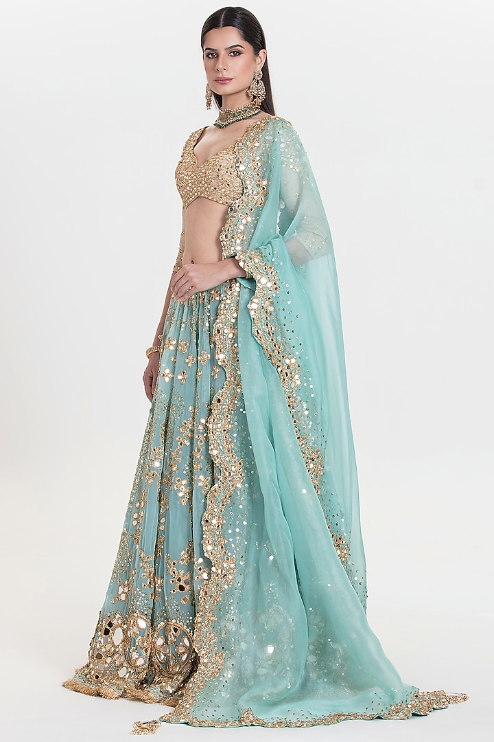 Aqua Blue Net Sequins Embroidered Bridal Lehenga Set by Abhinav Mishra at Pernia's Pop Up Shop