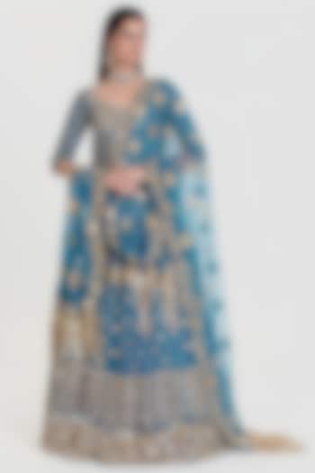 Royal Blue Net Mirror Embroidered Bridal Lehenga Set by Abhinav Mishra at Pernia's Pop Up Shop