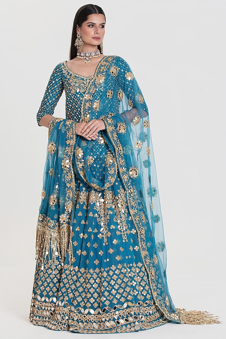 Royal Blue Net Mirror Embroidered Bridal Lehenga Set by Abhinav Mishra at Pernia's Pop Up Shop