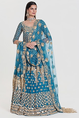Royal Blue Net Mirror Embroidered Lehenga Set by abhinav mishra