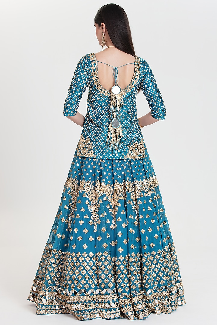 Royal Blue Net Mirror Embroidered Bridal Lehenga Set by Abhinav Mishra at Pernia's Pop Up Shop