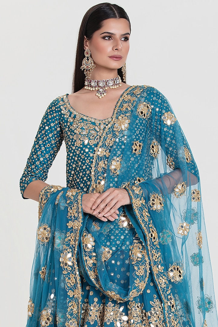 Royal Blue Net Mirror Embroidered Bridal Lehenga Set by Abhinav Mishra at Pernia's Pop Up Shop
