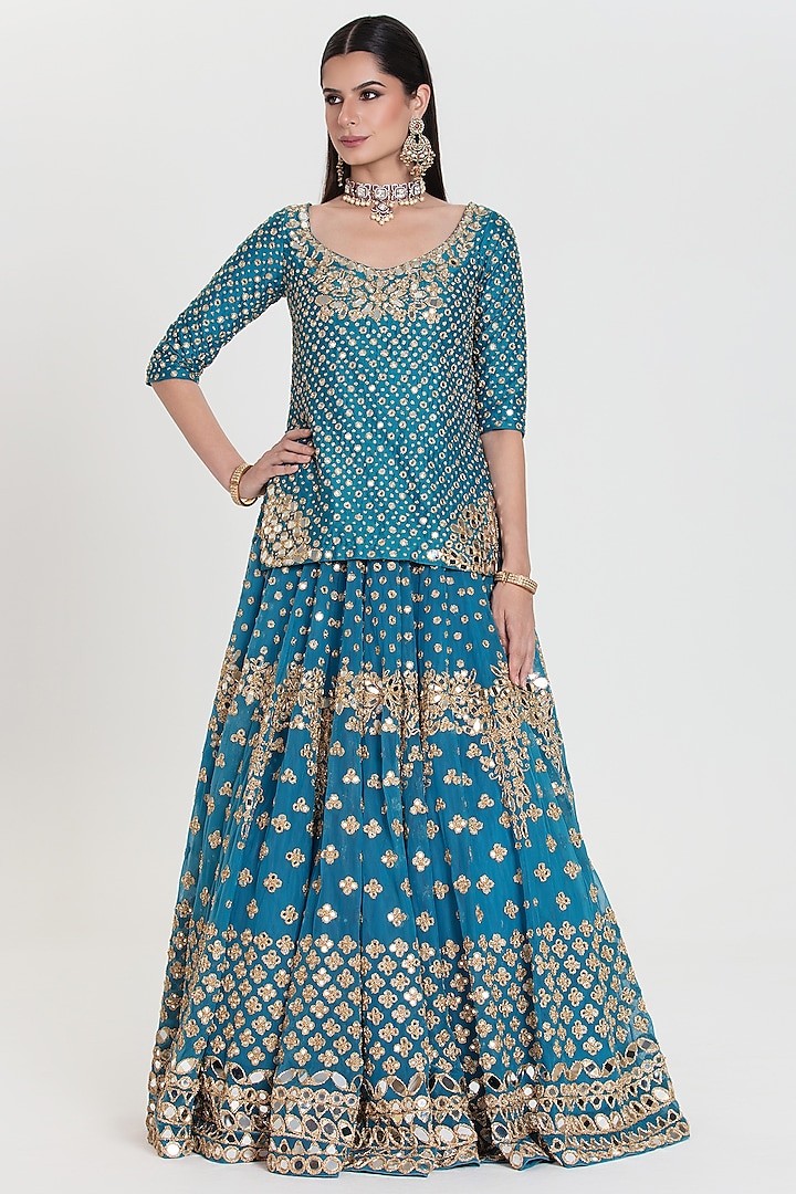Royal Blue Net Mirror Embroidered Bridal Lehenga Set by Abhinav Mishra at Pernia's Pop Up Shop