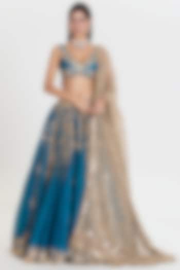Celestial Blue Organza Mirror Embroidered Bridal Lehenga Set by Abhinav Mishra at Pernia's Pop Up Shop