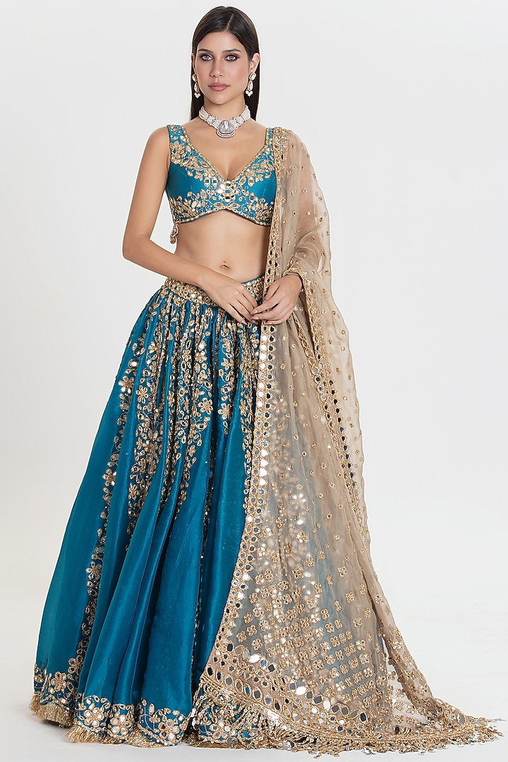 Celestial Blue Organza Mirror Embroidered Bridal Lehenga Set by Abhinav Mishra at Pernia's Pop Up Shop