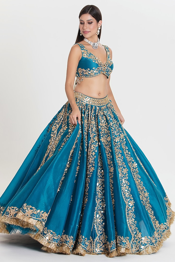 Celestial Blue Organza Mirror Embroidered Bridal Lehenga Set by Abhinav Mishra at Pernia's Pop Up Shop
