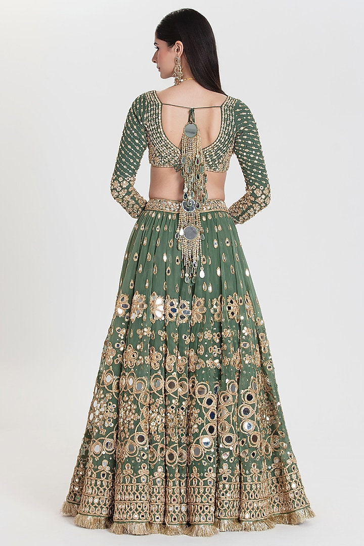 Jade Green Net Sequins Embroidered Bridal Lehenga Set by Abhinav Mishra at Pernia's Pop Up Shop