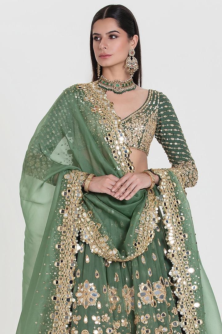 Jade Green Net Sequins Embroidered Bridal Lehenga Set by Abhinav Mishra at Pernia's Pop Up Shop