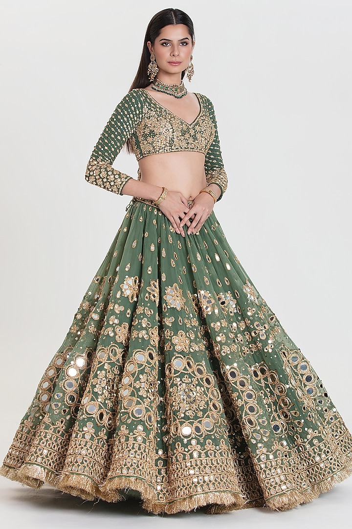 Jade Green Net Sequins Embroidered Bridal Lehenga Set by Abhinav Mishra at Pernia's Pop Up Shop
